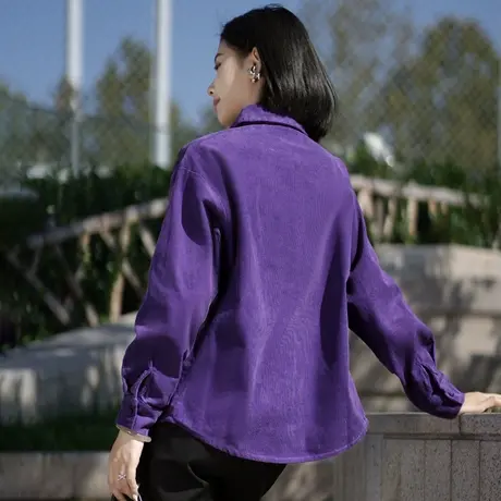 女士衬衫女秋冬天灯芯绒上衣紫色条绒外套今年流行的新款衬衣打底图片
