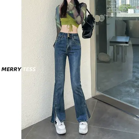 复古蓝微喇叭牛仔裤女2023年秋季新款设计感高腰双扣开叉马蹄裤子图片