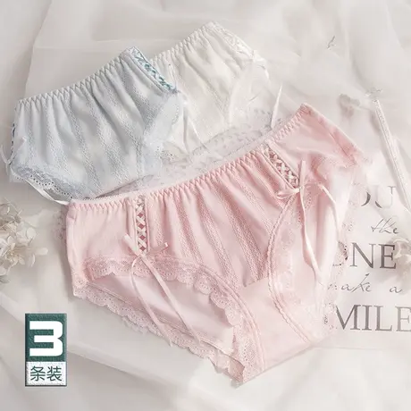 日系丝带蝴蝶结内裤女蕾丝边中腰棉质包臀三角裤少女内裤夏季薄款图片