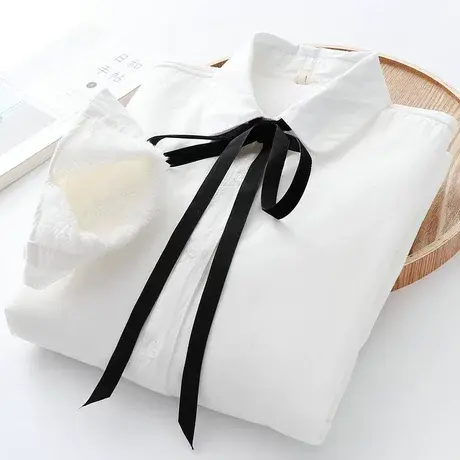 日系白色加绒衬衫女长袖保暖冬2019新款蝴蝶结衬衣加厚学生打底衫商品大图