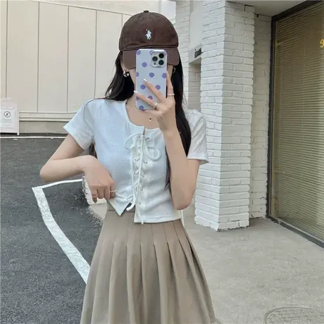 辣妹短款短袖t恤女夏季设计感小众绑带紧身显瘦高腰白色上衣ins潮商品大图
