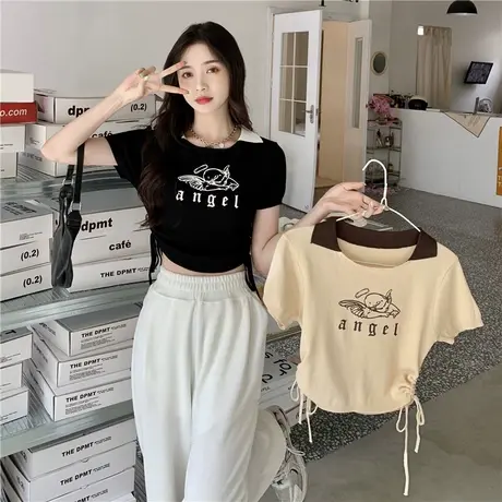 美式印花T恤女夏季2024新款设计感撞色拼接修身显瘦抽绳短袖上衣图片