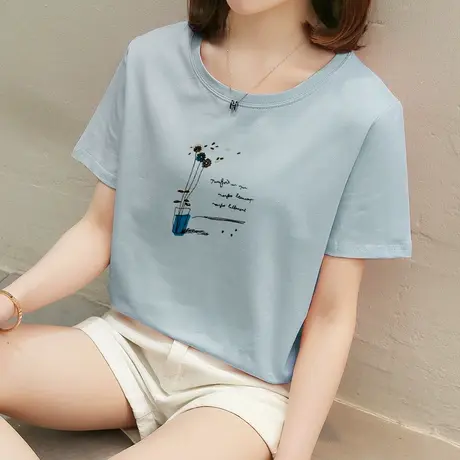 2件59.9元】2022夏装新款纯棉短袖T恤女宽松韩版短款印花半袖上衣图片