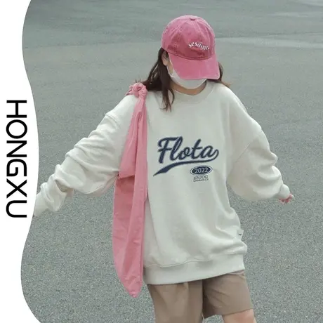 红续2023秋冬新款美式小众设计印花上衣女学生加厚显瘦百搭上衣潮图片