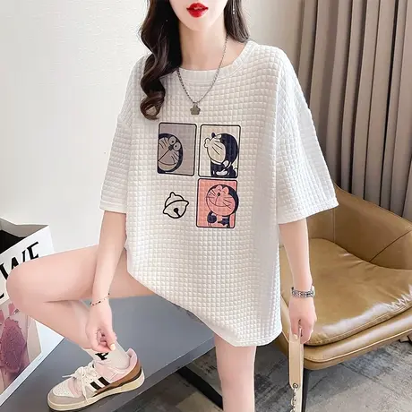 华夫格短袖t恤女夏装韩版宽松大码设计感小众中长款百搭半袖上衣图片