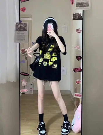 夏季短袖t恤女港风chic大码纯棉2023新款宽松潮牌黑色上衣ins超火商品大图