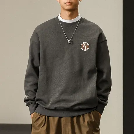 百搭休闲卫衣圆领时尚大码卫衣男士长袖宽松纯色男款百搭潮流卫衣图片