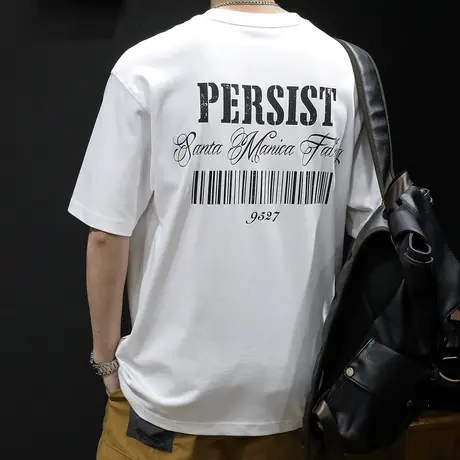 白色印花短袖t恤男士夏季宽松大码潮牌2023新款男装纯棉体恤男款商品大图