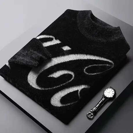 2021秋冬新款男士半高领黄金貂绒毛衣韩版修身加厚潮流毛衫打底衫商品大图