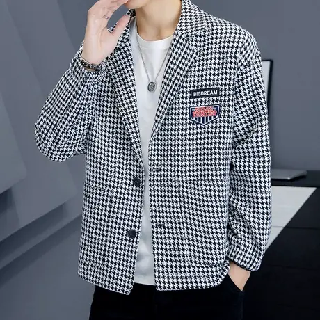 小香风外套男士潮流韩版千鸟格西装春秋季ins个性宽松潮牌小西服商品大图