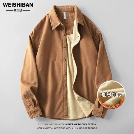 轻熟风灯芯绒衬衫男长袖2023年秋冬季复古休闲加绒工装衬衣外套男商品大图