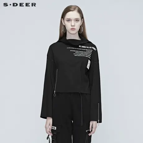 sdeer圣迪奥春装蕾丝拼接字母拉链立领长袖短款衬衫女S20380508图片