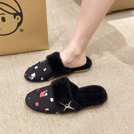 包头半拖鞋女外穿2023年新款孕妇平底毛毛鞋轻便冬季黑色家居棉拖商品大图