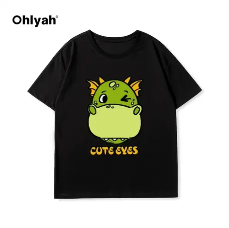 Ohlyah春夏新款美式卡通小龙纯棉短袖T恤女宽松休闲情侣半袖上衣商品大图