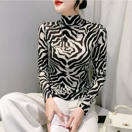 欧货半高领打底衫女长袖T恤春秋网纱时尚气质内塔修身上衣送链子商品大图