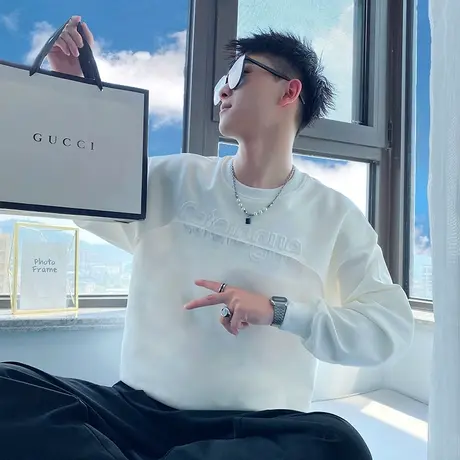 圆领卫衣男春秋新款潮牌ins个性休闲长袖t恤套头浮雕字母纯色外套商品大图