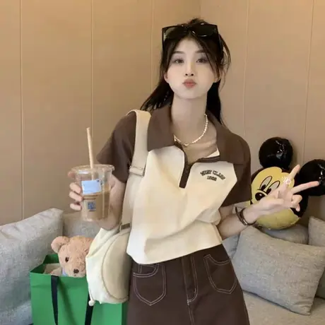 美式复古polo领短袖插肩袖t恤女夏季设计感小众修身短款辣妹上衣商品大图