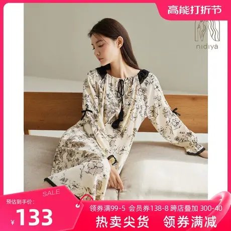 妮狄娅2024睡衣睡裙女春季纯棉长袖复古气质优雅中长裙春秋家居服图片