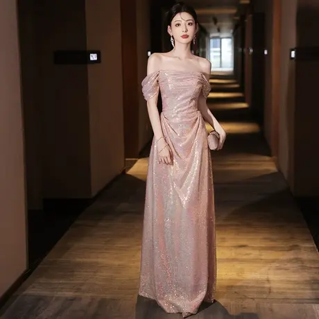 超仙晚礼服裙女高级感少女学生艺考主持人亮片气质轻奢高端一字肩商品大图