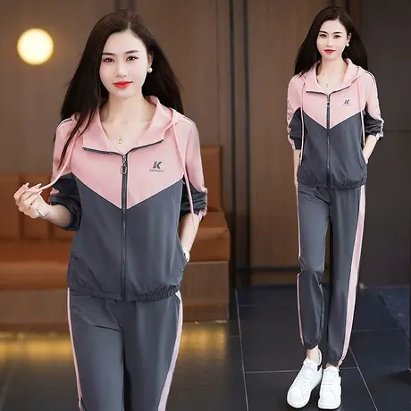 梭织春秋套装女2024年新款时尚连帽薄款休闲卫衣外套运动服两件套商品大图
