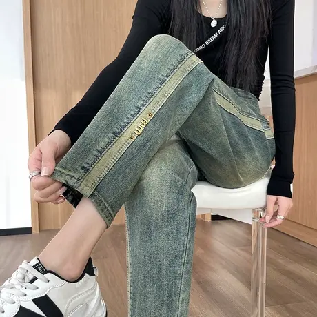 窄版直筒冷茶色牛仔裤女春秋季2024高腰显瘦卷边小个子九分烟管裤商品大图