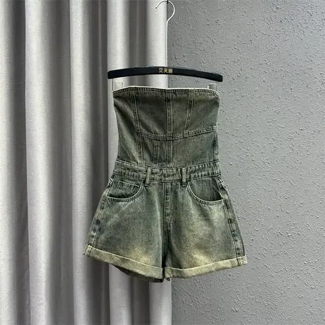 复古辣妹抹胸连体牛仔短裤女2024春夏新款个性卷边显瘦a字阔腿裤图片