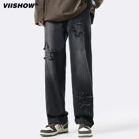 VIISHOW星星毛边牛仔裤男款水洗高街痞帅vibe直筒裤子潮牌休闲裤商品大图
