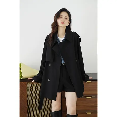 嘉茱莉2025春季新款风衣外套女中长款风衣小个子外套休闲上衣黑色商品大图
