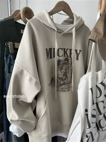 春季新款铅笔画米奇印花减龄休闲百搭洋气连帽宽松卫衣帽衫韩系女商品大图