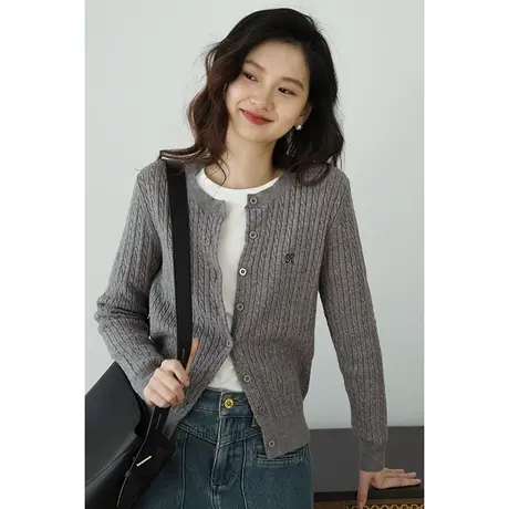 嘉茱莉2024新款麻花针织开衫外套女设计感针织外套圆领针织上衣商品大图