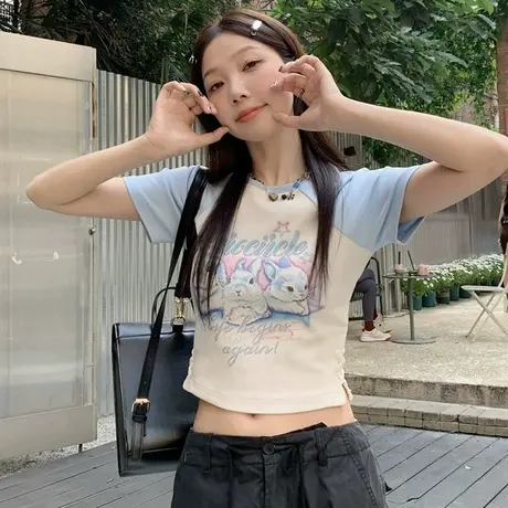 大码卡通印花短袖t恤女夏季2024新款胖MM短款甜辣修身上衣设计感商品大图