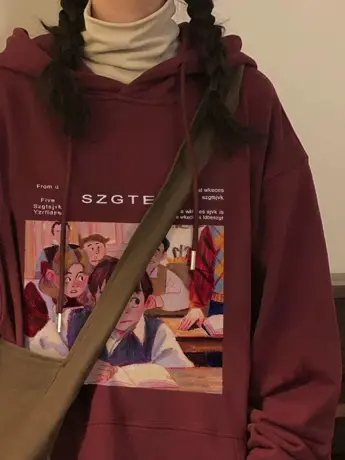 酒红色卫衣女春秋连帽宽松oversize小众设计潮牌加绒加厚外套上衣商品大图