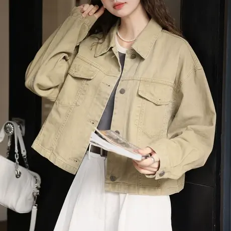 韩潮袭人宽松休闲POLO领拼接外套韩版百搭长袖牛仔上衣商品大图