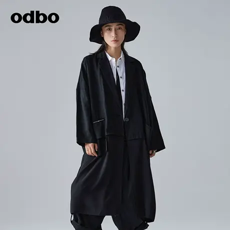 odbo/欧迪比欧休闲气质西装领一粒扣黑色外套女春季新款中长外套图片