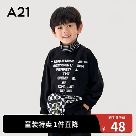 A21outlets男童宽松卫衣针织条纹拼接高领落肩长袖假两件绒衫秋冬图片