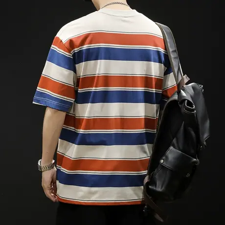 条纹短袖t恤男士宽松大码夏季2024新款纯棉男款重磅潮牌男装体恤图片