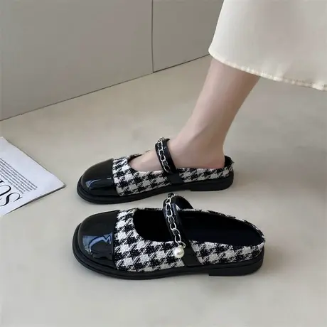 半拖鞋女款2024新款春秋千鸟格高级ins玛丽珍鞋子平底轻便包头拖商品大图