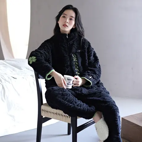婷美珊瑚绒睡衣女秋冬款立领加绒加厚保暖长毛绒家居服冬季套装女图片