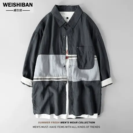 夏季舒适透气七分袖衬衣男个性设计不对称拼色亚麻衬衫复古外穿潮商品大图