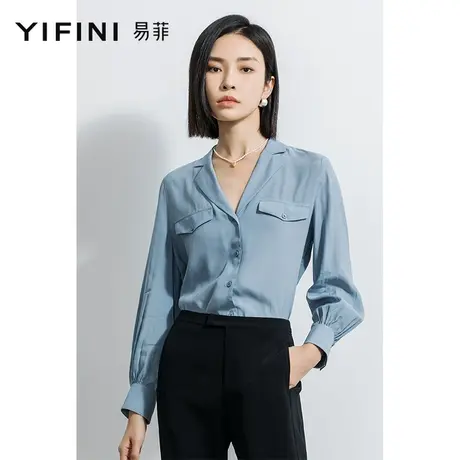Yifini/易菲含真丝长袖宽松翻领衬衫女2023春夏新款薄款百搭衬衣商品大图