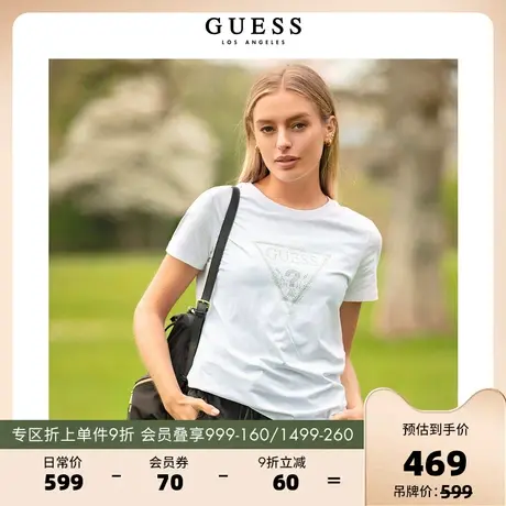 GUESS23新女倒三角LOGO立体烫钻印花纯棉短袖T恤上衣-YN2K2430商品大图