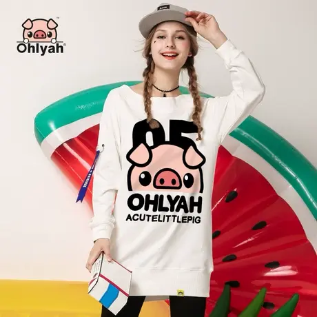 Ohlyah一字领宽松潮牌中长款卫衣女装卡通印花港风连衣裙大码学生图片