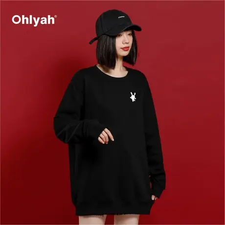 Ohlyah简约潮牌胸花卡通兔子卫衣男女同款圆领情侣纯棉学生上衣商品大图