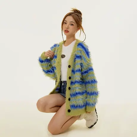 潮牌条纹毛衣女秋冬2023年新款慵懒风宽松复古小个子针织开衫外套商品大图