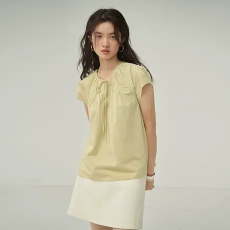 omont蛋挞家 复古抽皱短袖衬衫2023夏季新款别致圆领宽松衬衣上衣商品大图