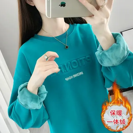 加绒加厚卫衣女冬厚新款2023年圆领宽松蓝色一体绒小个子上衣秋冬图片