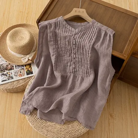 享永子无袖琴褶苎麻上衣女文艺复古棉麻衬衫宽松休闲2023夏季新款商品大图