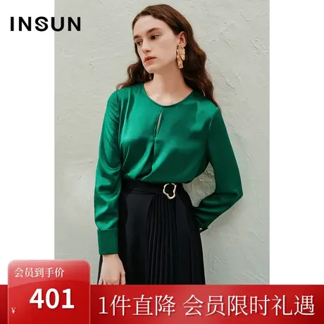 恩裳2023年春季新款醋酸简约高级感缎面衬衣优雅绿色衬衫图片