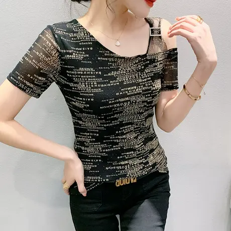 性感露肩短袖女装时尚字母印花T恤修身网纱上衣紧身洋气小衫夏季商品大图