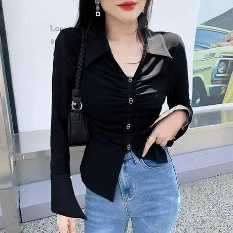 欧货POLO领衬衫女长袖2023秋季新款性感网纱拼接上衣修身打底衫潮图片